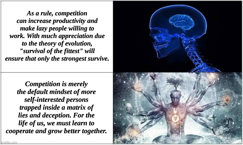 Cooperation instead of Competition | As a rule, competition can increase productivity and make lazy people willing to work. With much appreciation due to the theory of evolution, "survival of the fittest" will ensure that only the strongest survive. Competition is merely the default mindset of more self-interested persons trapped inside a matrix of lies and deception. For the life of us, we must learn to cooperate and grow better together. | image tagged in expanded consciousness,society,social change | made w/ Imgflip meme maker