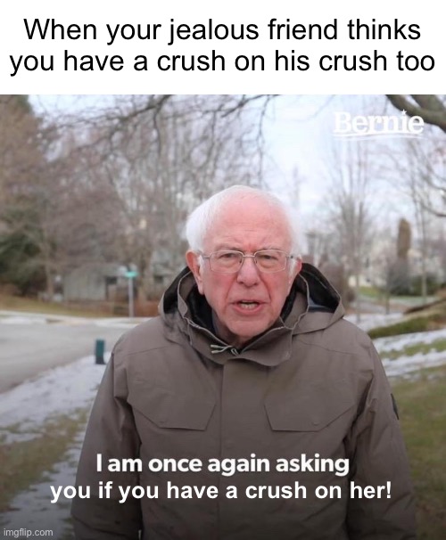 When your jealous friend thinks you have a crush on his crush too; you if you have a crush on her! | image tagged in blank white template,memes,bernie i am once again asking for your support | made w/ Imgflip meme maker