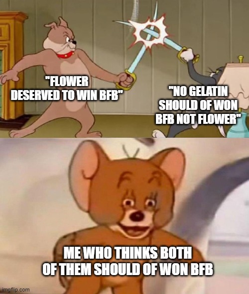 imagine both flower and gelatin winning bfb | ''FLOWER DESERVED TO WIN BFB''; ''NO GELATIN SHOULD OF WON BFB NOT FLOWER''; ME WHO THINKS BOTH OF THEM SHOULD OF WON BFB | image tagged in tom and jerry swordfight | made w/ Imgflip meme maker