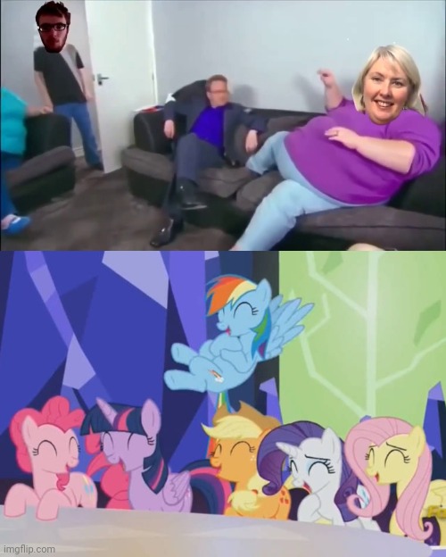 The Mane 6 are laughing at Oscar Ferguson/Zender Man feeds his mom Margot Richardson the big bag of 10 discos! | image tagged in memes,my little pony,oscar ferguson,zender man,margot richardson,discos | made w/ Imgflip meme maker