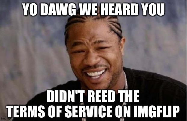 Yo Dawg Heard You Meme | YO DAWG WE HEARD YOU; DIDN'T REED THE TERMS OF SERVICE ON IMGFLIP | image tagged in memes,yo dawg heard you | made w/ Imgflip meme maker
