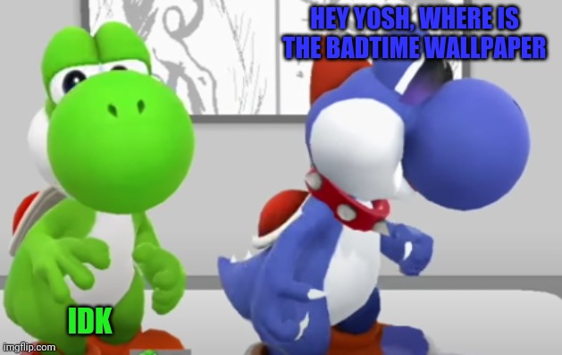 Yoshi & Boshi | HEY YOSH, WHERE IS THE BADTIME WALLPAPER; IDK | image tagged in yoshi boshi | made w/ Imgflip meme maker