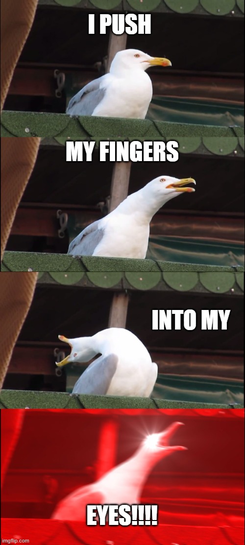 Inhaling Seagull Meme | I PUSH; MY FINGERS; INTO MY; EYES!!!! | image tagged in memes,inhaling seagull,slipknot | made w/ Imgflip meme maker