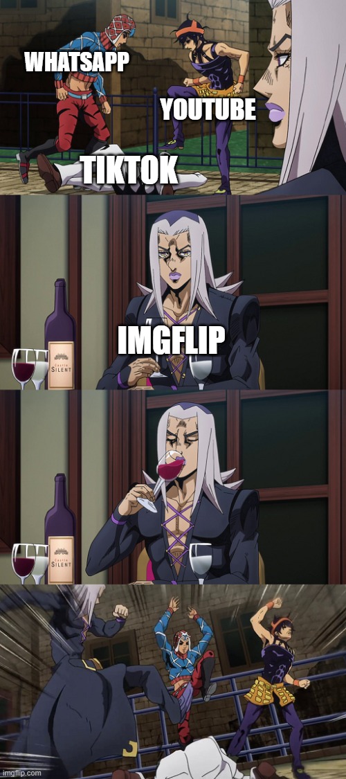 tiktok is kil | WHATSAPP; YOUTUBE; TIKTOK; IMGFLIP | image tagged in abbacchio joins in the fun | made w/ Imgflip meme maker