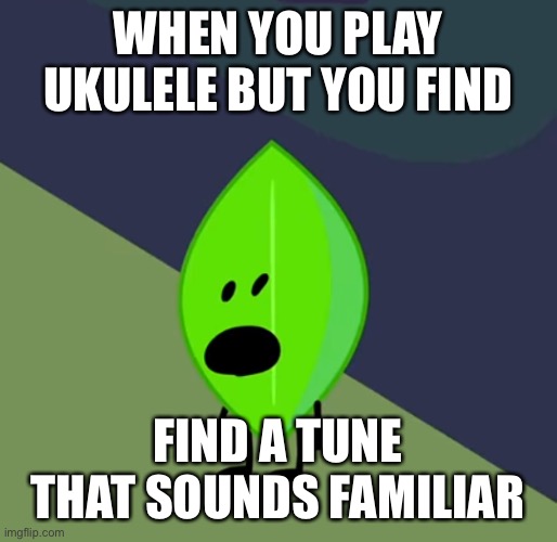 true story lol | WHEN YOU PLAY UKULELE BUT YOU FIND; FIND A TUNE THAT SOUNDS FAMILIAR | image tagged in surprised leafy | made w/ Imgflip meme maker