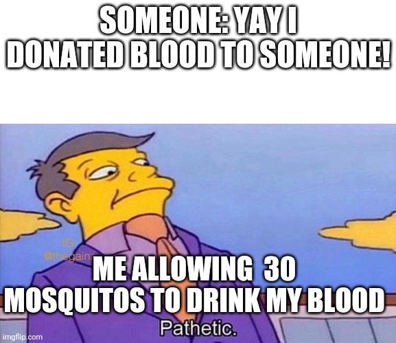 Pathetic | SOMEONE: YAY I DONATED BLOOD TO SOMEONE! ME ALLOWING  30 MOSQUITOS TO DRINK MY BLOOD | image tagged in pathetic | made w/ Imgflip meme maker