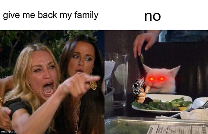 Woman Yelling At Cat Meme | give me back my family; no | image tagged in memes,woman yelling at cat | made w/ Imgflip meme maker