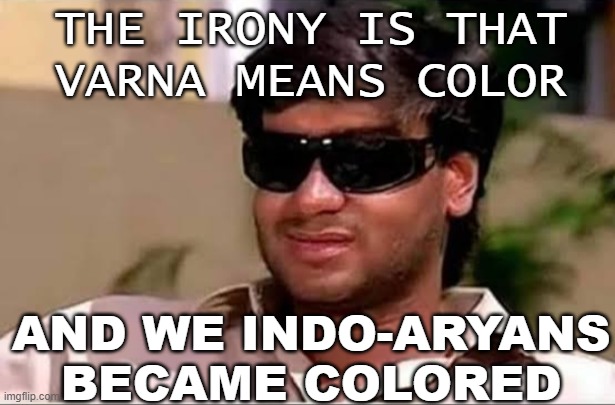 The irony is that varna means color; and we Indo-Aryans became colored | THE IRONY IS THAT
VARNA MEANS COLOR; AND WE INDO-ARYANS BECAME COLORED | image tagged in ajay devgun meme face | made w/ Imgflip meme maker