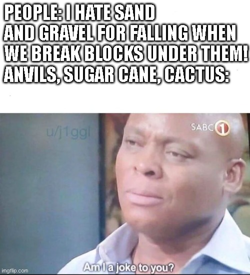 Minecraft community be like | PEOPLE: I HATE SAND AND GRAVEL FOR FALLING WHEN WE BREAK BLOCKS UNDER THEM!
ANVILS, SUGAR CANE, CACTUS: | image tagged in am i a joke to you | made w/ Imgflip meme maker