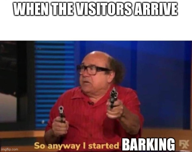 So anyway I started blasting | WHEN THE VISITORS ARRIVE; BARKING | image tagged in so anyway i started blasting,barking,dog,my dog | made w/ Imgflip meme maker