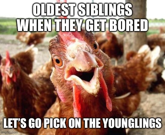 Chicken | OLDEST SIBLINGS WHEN THEY GET BORED; LET’S GO PICK ON THE YOUNGLINGS | image tagged in chicken | made w/ Imgflip meme maker
