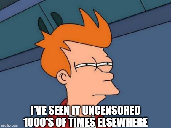 Futurama Fry Meme | I'VE SEEN IT UNCENSORED 1000'S OF TIMES ELSEWHERE | image tagged in memes,futurama fry | made w/ Imgflip meme maker