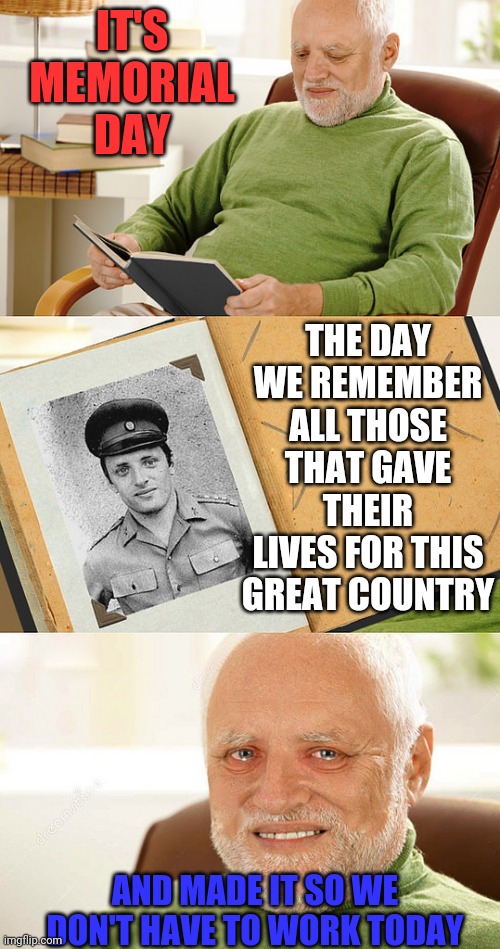 HAPPY MEMORIAL DAY! | IT'S MEMORIAL DAY; THE DAY WE REMEMBER ALL THOSE THAT GAVE THEIR LIVES FOR THIS GREAT COUNTRY; AND MADE IT SO WE DON'T HAVE TO WORK TODAY | image tagged in memorial day,hide the pain harold,harold,work | made w/ Imgflip meme maker