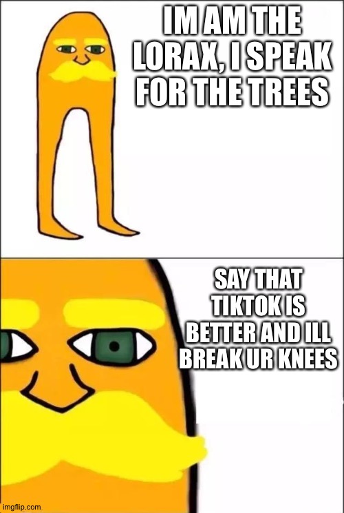 T H E L O R A X | IM AM THE LORAX, I SPEAK FOR THE TREES; SAY THAT TIKTOK IS BETTER AND ILL BREAK UR KNEES | image tagged in the lorax | made w/ Imgflip meme maker