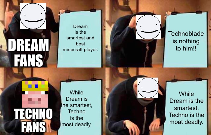 Reality of Technoblade and Dream | Dream is the smartest and best minecraft player. Technoblade is nothing to him!! DREAM FANS; While Dream is the smartest, Techno is the moat deadly. While Dream is the smartest, Techno is the most deadly. TECHNO FANS | image tagged in memes,gru's plan,technoblade,dream smp | made w/ Imgflip meme maker