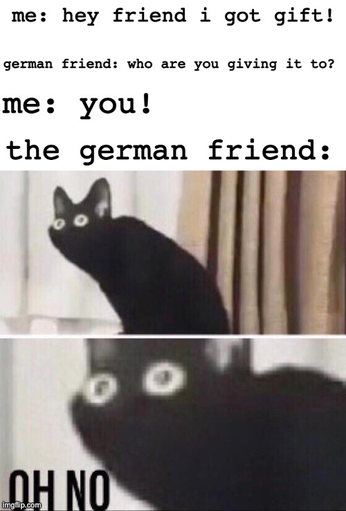 Gift means poison in german | me: hey friend i got gift! german friend: who are you giving it to? me: you! the german friend: | image tagged in oh no cat,gift,poison,funny,memes,german | made w/ Imgflip meme maker