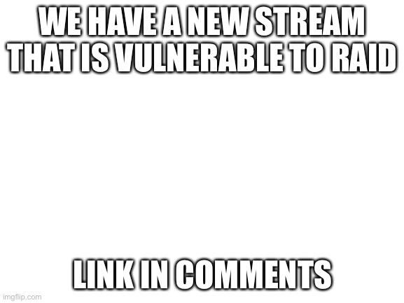 Blank White Template | WE HAVE A NEW STREAM THAT IS VULNERABLE TO RAID; LINK IN COMMENTS | image tagged in blank white template | made w/ Imgflip meme maker