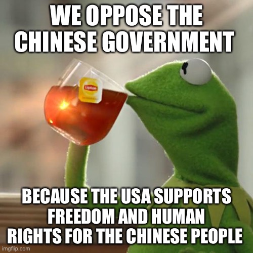 But That's None Of My Business Meme | WE OPPOSE THE CHINESE GOVERNMENT BECAUSE THE USA SUPPORTS FREEDOM AND HUMAN RIGHTS FOR THE CHINESE PEOPLE | image tagged in memes,but that's none of my business,kermit the frog | made w/ Imgflip meme maker