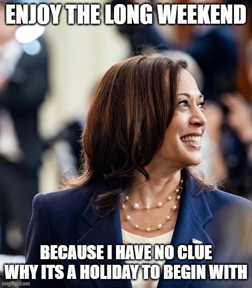 kamaka did it again | ENJOY THE LONG WEEKEND; BECAUSE I HAVE NO CLUE WHY ITS A HOLIDAY TO BEGIN WITH | image tagged in big mouth,kamala harris,clueless,democratic party | made w/ Imgflip meme maker