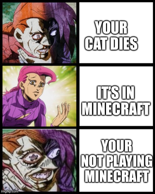Oh no! | YOUR CAT DIES; IT’S IN MINECRAFT; YOUR NOT PLAYING MINECRAFT | image tagged in jojo doppio | made w/ Imgflip meme maker
