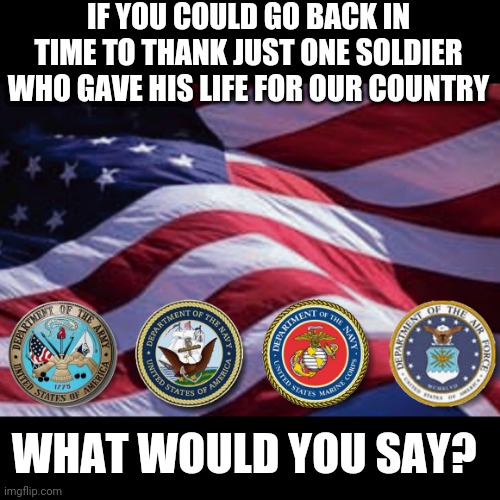Memorial Day: thank those who made the ultimate sacrifice | IF YOU COULD GO BACK IN TIME TO THANK JUST ONE SOLDIER WHO GAVE HIS LIFE FOR OUR COUNTRY; WHAT WOULD YOU SAY? | image tagged in memorial day,patriotic,sacrifice | made w/ Imgflip meme maker
