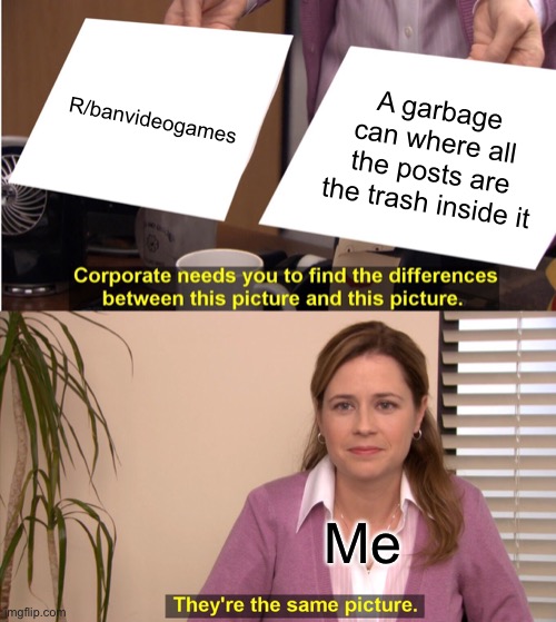 R/banvideogames is stupid and full of Karens | R/banvideogames; A garbage can where all the posts are the trash inside it; Me | image tagged in memes,they're the same picture,karens,gamers,funny,funny memes | made w/ Imgflip meme maker