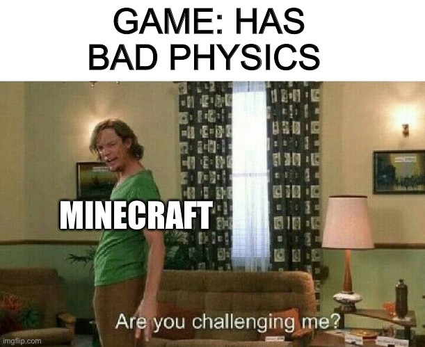 Are you challenging me? | GAME: HAS BAD PHYSICS; MINECRAFT | image tagged in are you challenging me,minecraft,bad physics | made w/ Imgflip meme maker