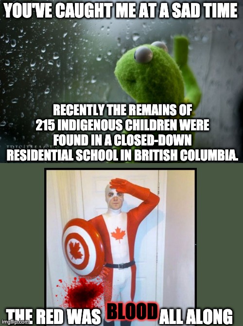 YOU'VE CAUGHT ME AT A SAD TIME; RECENTLY THE REMAINS OF 215 INDIGENOUS CHILDREN WERE FOUND IN A CLOSED-DOWN RESIDENTIAL SCHOOL IN BRITISH COLUMBIA. BLOOD; THE RED WAS                  ALL ALONG | image tagged in kermit window | made w/ Imgflip meme maker
