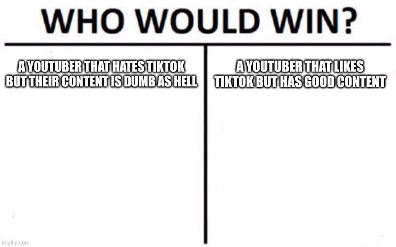 Who Would Win? | A YOUTUBER THAT HATES TIKTOK BUT THEIR CONTENT IS DUMB AS HELL; A YOUTUBER THAT LIKES TIKTOK BUT HAS GOOD CONTENT | image tagged in memes,who would win | made w/ Imgflip meme maker