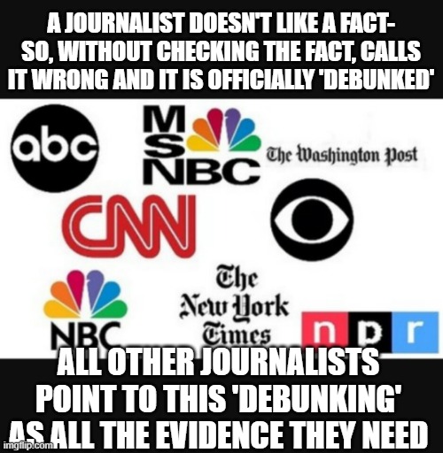 how it works | A JOURNALIST DOESN'T LIKE A FACT- SO, WITHOUT CHECKING THE FACT, CALLS IT WRONG AND IT IS OFFICIALLY 'DEBUNKED'; ALL OTHER JOURNALISTS POINT TO THIS 'DEBUNKING' AS ALL THE EVIDENCE THEY NEED | image tagged in media lies | made w/ Imgflip meme maker