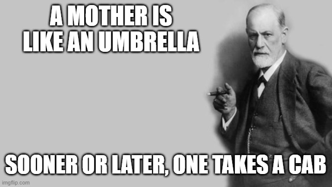 Sigmund Freud |  A MOTHER IS LIKE AN UMBRELLA; SOONER OR LATER, ONE TAKES A CAB | image tagged in sigmund freud | made w/ Imgflip meme maker