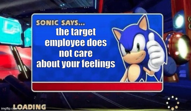 Sonic Says | the target employee does not care about your feelings | image tagged in sonic says | made w/ Imgflip meme maker
