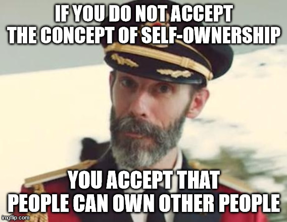 The alternative to self-ownership is slavery, whatever you may call it | IF YOU DO NOT ACCEPT THE CONCEPT OF SELF-OWNERSHIP; YOU ACCEPT THAT PEOPLE CAN OWN OTHER PEOPLE | image tagged in captain obvious,libertarianism,self-ownership,slavery | made w/ Imgflip meme maker