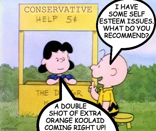 For temporary relief of minor aches and pains due to reality. | CONSERVATIVE; I HAVE
SOME SELF
ESTEEM ISSUES.
WHAT DO YOU
RECOMMEND? A DOUBLE     
SHOT OF EXTRA
ORANGE KOOLAID
COMING RIGHT UP! | image tagged in memes,conservative help,extra orange koolaid,not fda approved,do not mix with disinfectant,known to be addictive | made w/ Imgflip meme maker