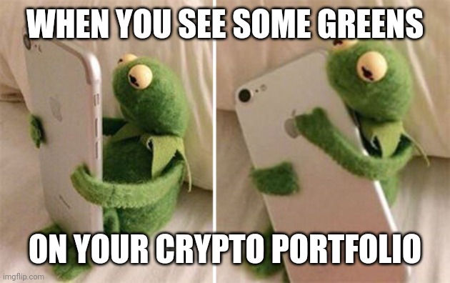 Crypto portfolio | WHEN YOU SEE SOME GREENS; ON YOUR CRYPTO PORTFOLIO | image tagged in kermit hugging phone | made w/ Imgflip meme maker