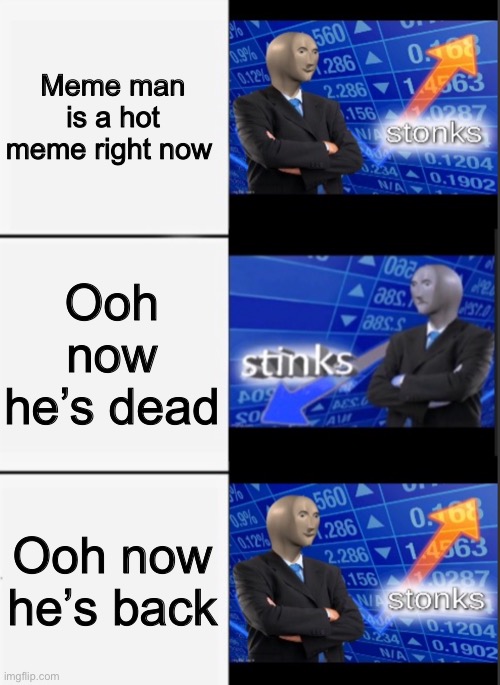 Stonks vs Stinks | Meme man is a hot meme right now; Ooh now he’s dead; Ooh now he’s back | image tagged in stonks vs stinks | made w/ Imgflip meme maker