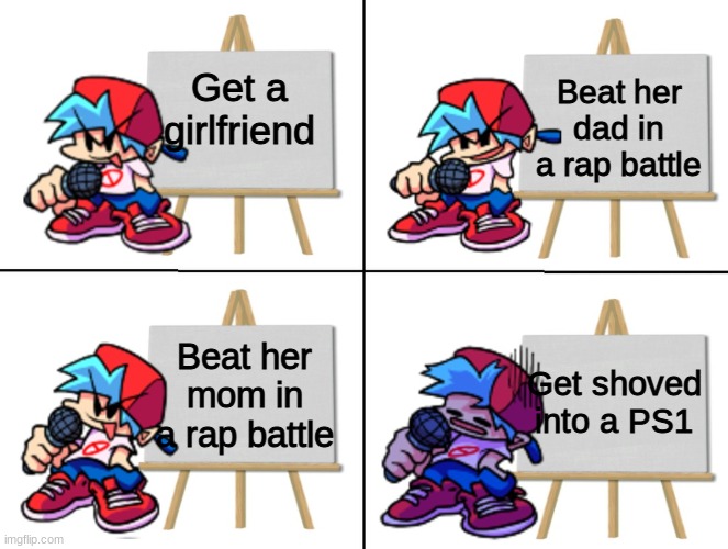 Fnf oversimplified | Beat her dad in a rap battle; Get a girlfriend; Beat her mom in a rap battle; Get shoved into a PS1 | image tagged in the bf's plan | made w/ Imgflip meme maker