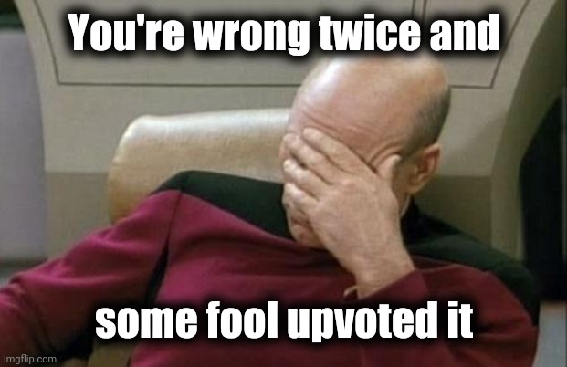 Captain Picard Facepalm Meme | You're wrong twice and some fool upvoted it | image tagged in memes,captain picard facepalm | made w/ Imgflip meme maker