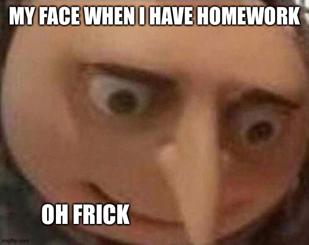 Oh frick | MY FACE WHEN I HAVE HOMEWORK; OH FRICK | image tagged in gru meme | made w/ Imgflip meme maker