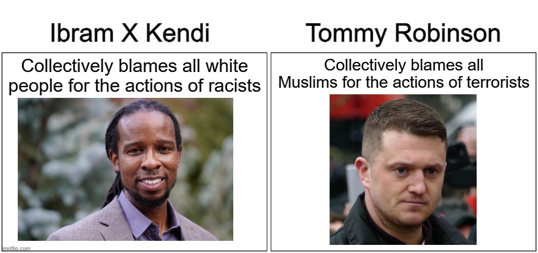 Both the right and the left have their bigots | Ibram X Kendi; Tommy Robinson; Collectively blames all white people for the actions of racists; Collectively blames all Muslims for the actions of terrorists | image tagged in memes,blank comic panel 2x1,sjw,regressive left,racism,islamophobia | made w/ Imgflip meme maker