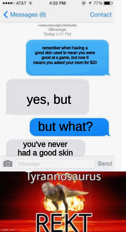 remember when having a good skin used to mean you were good at a game, but now it means you asked your mom for $20; yes, but; but what? you've never had a good skin | image tagged in blank text conversation,tyrannosaurus rekt | made w/ Imgflip meme maker