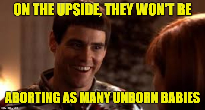 Optimist Lloyd | ON THE UPSIDE, THEY WON'T BE ABORTING AS MANY UNBORN BABIES | image tagged in optimist lloyd | made w/ Imgflip meme maker