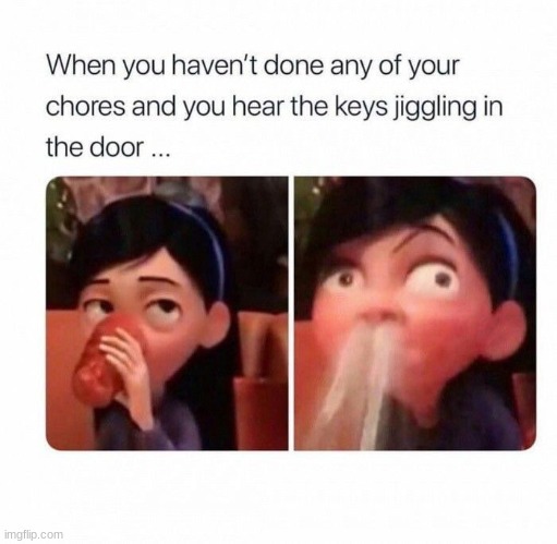 When mom is not home for an hour then she comes.... | image tagged in should have done the chores | made w/ Imgflip meme maker