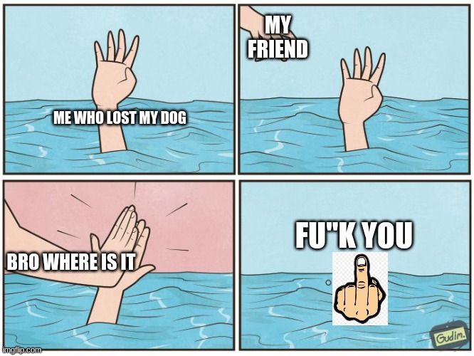 stupid questions | MY FRIEND; ME WHO LOST MY DOG; FU"K YOU; BRO WHERE IS IT | image tagged in high five drown | made w/ Imgflip meme maker