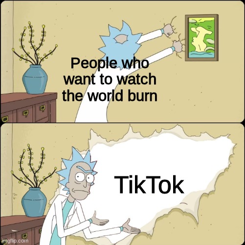 I ran out of ideas | People who want to watch the world burn; TikTok | image tagged in rick rips wallpaper,lol,lel,boi,barney will eat all of your delectable biscuits,stop reading the tags | made w/ Imgflip meme maker