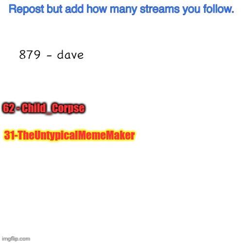 How does Dave follow 900 streams? | 31-TheUntypicalMemeMaker | image tagged in memes,repost | made w/ Imgflip meme maker