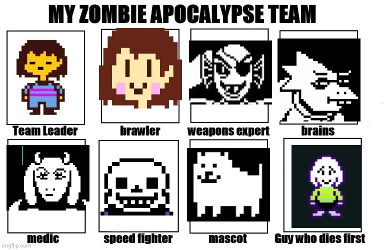undertale edition! asriel lore joke haha | image tagged in my zombie apocalypse team | made w/ Imgflip meme maker