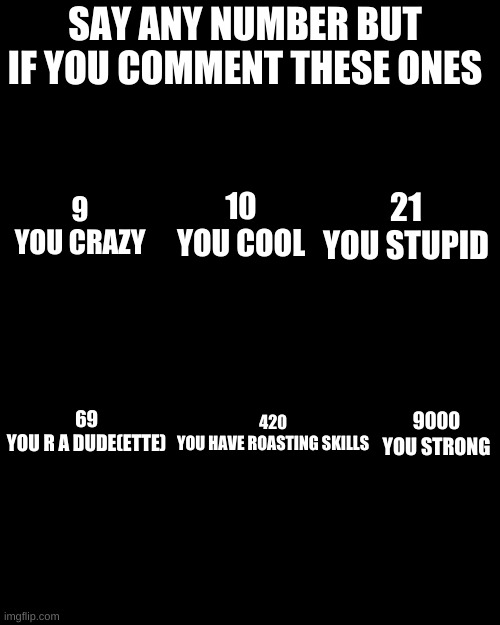 Numbuh Comment | SAY ANY NUMBER BUT IF YOU COMMENT THESE ONES; 10
YOU COOL; 21
YOU STUPID; 9
YOU CRAZY; 69
YOU R A DUDE(ETTE); 9000
YOU STRONG; 420
YOU HAVE ROASTING SKILLS | image tagged in memes,blank transparent square | made w/ Imgflip meme maker