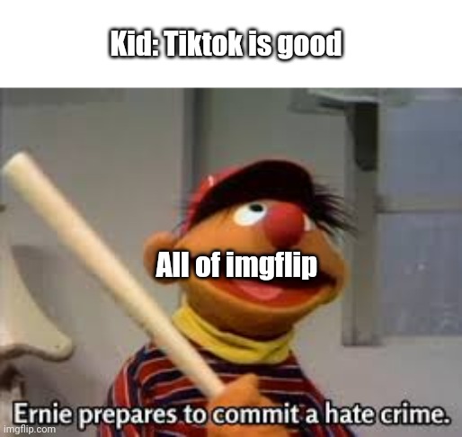Tic tac bad | Kid: Tiktok is good; All of imgflip | image tagged in ernie prepares to commit a hate crime | made w/ Imgflip meme maker