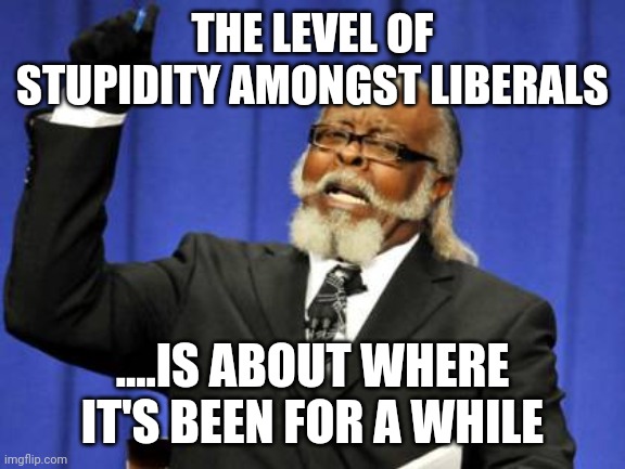 Too Damn High Meme | THE LEVEL OF STUPIDITY AMONGST LIBERALS; ....IS ABOUT WHERE IT'S BEEN FOR A WHILE | image tagged in memes,too damn high | made w/ Imgflip meme maker